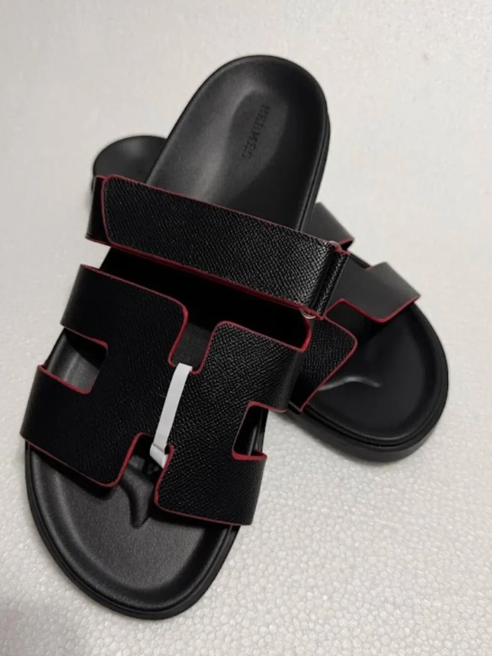 Black Cutout Slide Sandals with Red Trim Adjustable Strap Size 44